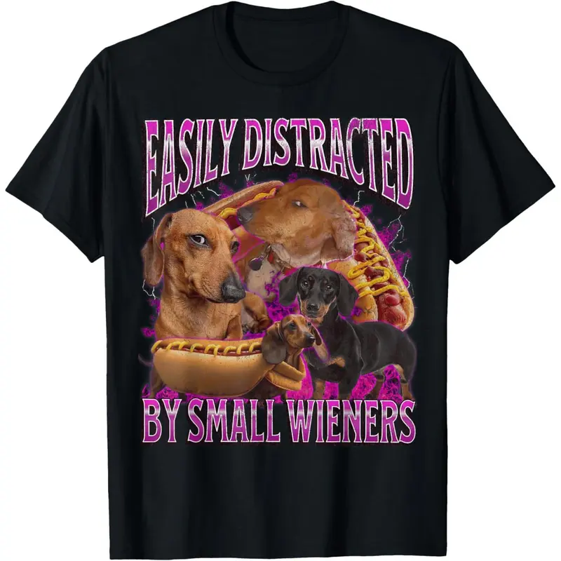 Men's Casual Cotton Short-Sleeve Round Neck Graphic Tee - Cute Dachshund Print, "Easily Distracted By Small Wieners" Slogan, Korean Style, Breathable, Soft, Preppy Streetwear, Basic Tops