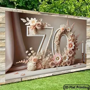2D Door Banner 2D Flat, 1pc Pink 70th Birthday Party Backdrop Banner - Elegant Polyester Photography Background with Floral Design, Golden Accents  Perfect for Indoor/Outdoor Celebrations, Photo Studio Props, and Holiday Decor, 1pc Ornaments Flower