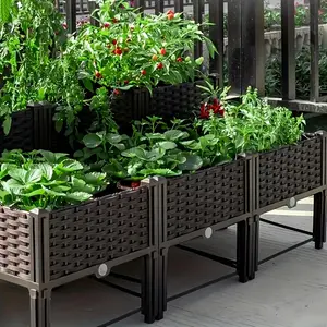 Outdoor Legged Raised Garden Bed with Woven Black Plastic Planting Box for Flowers, Vegetables, and Herbs, Lightweight and Durable, Set of 4