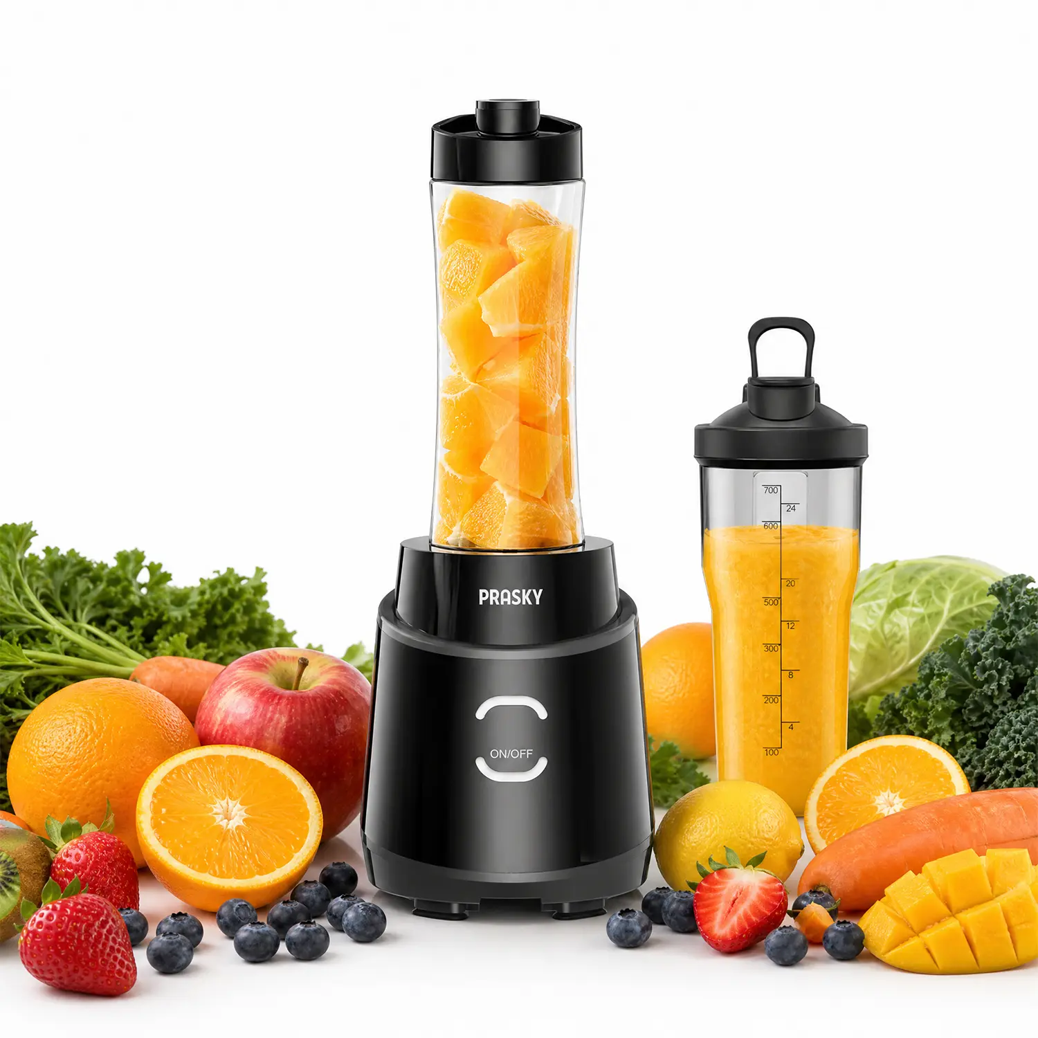 Prasky Smoothie Blender with 2 Portable Cups, 300W Personal Blender, 22000RPM High Speed Mixer, 6 Stainless Steel Blades, BPA-Free Travel Cups, Dishwasher Safe, Ice Crushing Blender for Smoothies, Shakes & Frozen Drinks