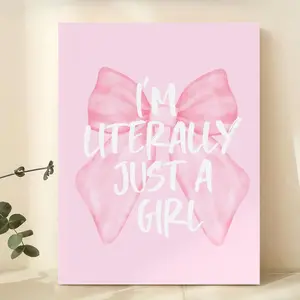2D Flat [Hanging Art]2D 1pc I'm Literally Just A Girls Room Decor - Soft Pink Canvas Printing Painting wall art with Bow Accent, Wood Framed Wall Art Ready to Hang for Bedroom, Living Room, Dorm - Feminine Home Decoration Gift, Girly Decor, Playful Quote