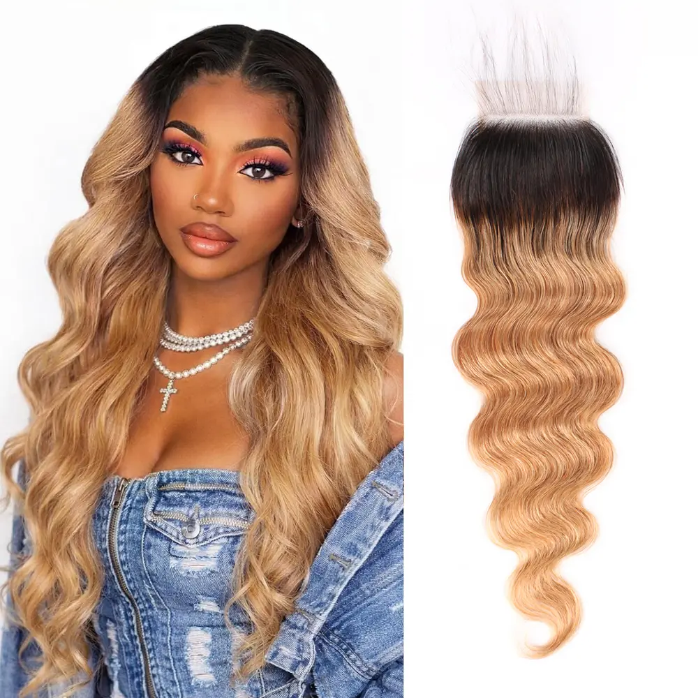 Body 1b/27 Human Hair closure 4*4 lace closure 24 inch 100% human hair closure Durable Volumizing High Root Lift Gray-Covering Lightweight, Invisible Natural Look Top Piece for Women