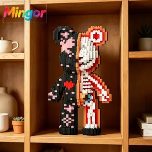 12.6" Two-Tone Heart Bear Micro Building Blocks| Half Black Half Pink DIY Art Toy