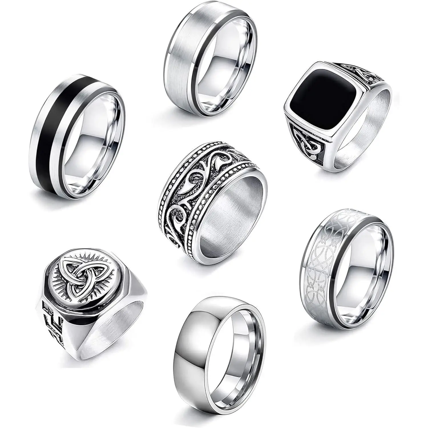 FLORIDECO Men's 7-Piece Stainless Steel Ring Set - Silver Matte Polished Celtic Knot & Gothic Biker Designs - Durable Waterproof - Perfect for Daily W