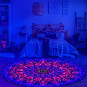 Mandala Pattern Flannel Rug, Boho Style UV Reaction Glow Rug, Non-slip Floor Mat for Home Living Room Bedroom Decor