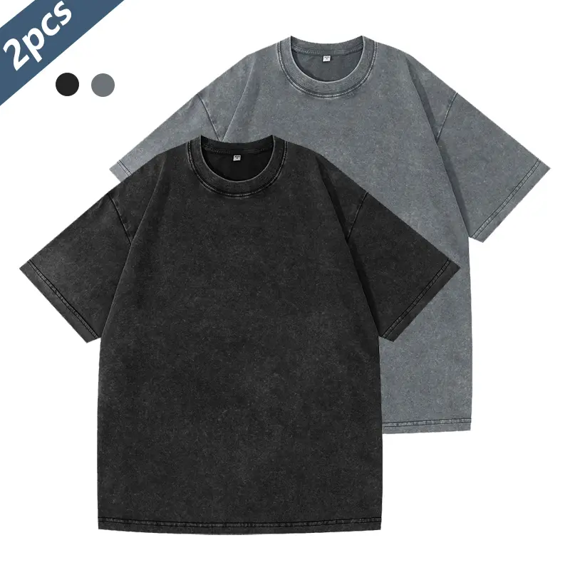Men's 2-Pack T-Shirts, Retro Washed Cotton Loose Fit Tees, Plain Short-Sleeve Round Neck for Casual Streetwear