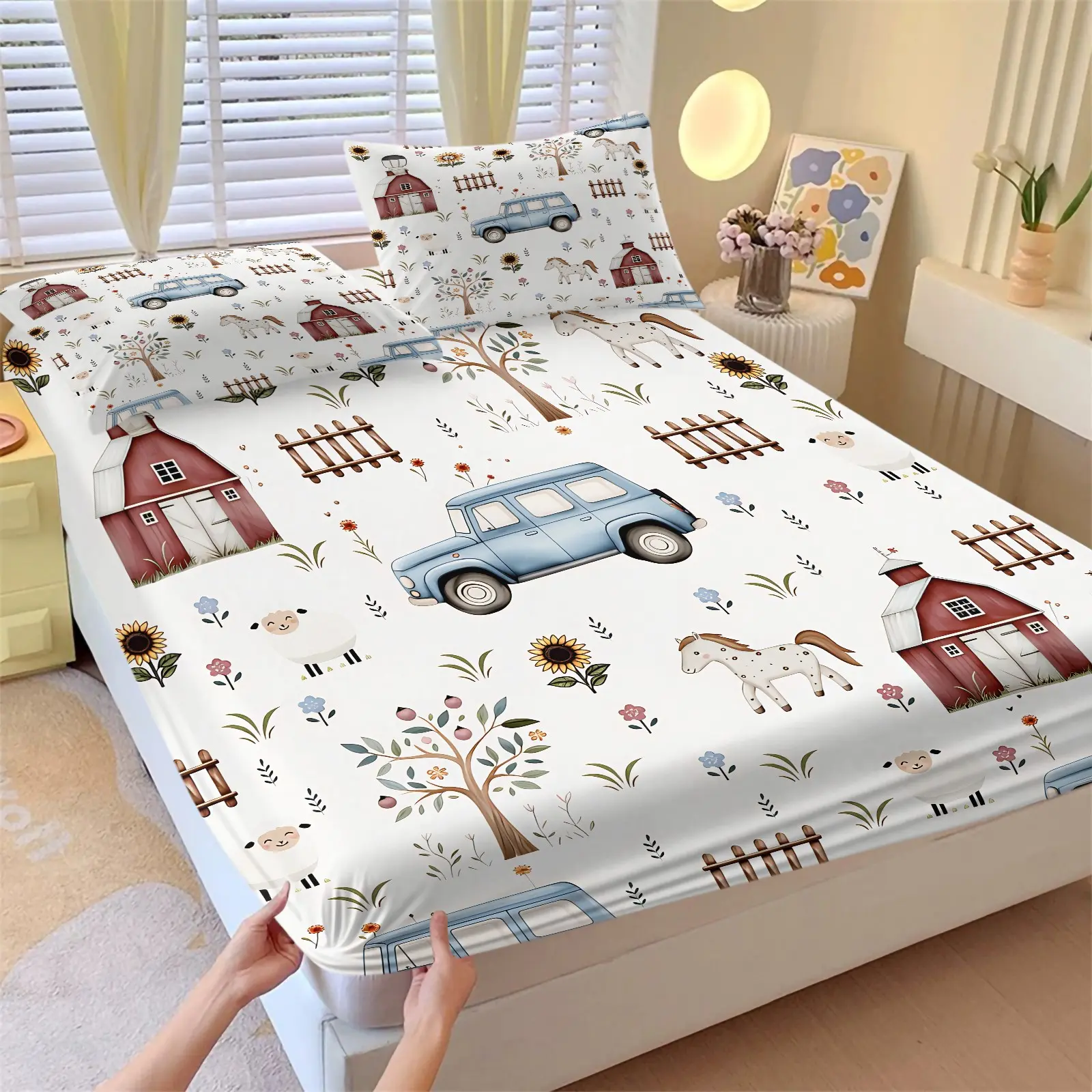 Cute Farm Animal Print Fitted Sheet Set, Soft Breathable Microfiber Bed Sheet with 2 Pillowcases, Whimsical Barn & Vehicle Design, Deep Pocket for Secure Fit All Night, All Year Round Kids' Bedroom Bedding