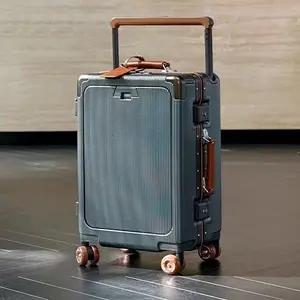 Latest Wide Handle Aluminum Luggage case with Poured Wheels Front Opening Travel Bag Multifunctional Suitcase Oversea Stock