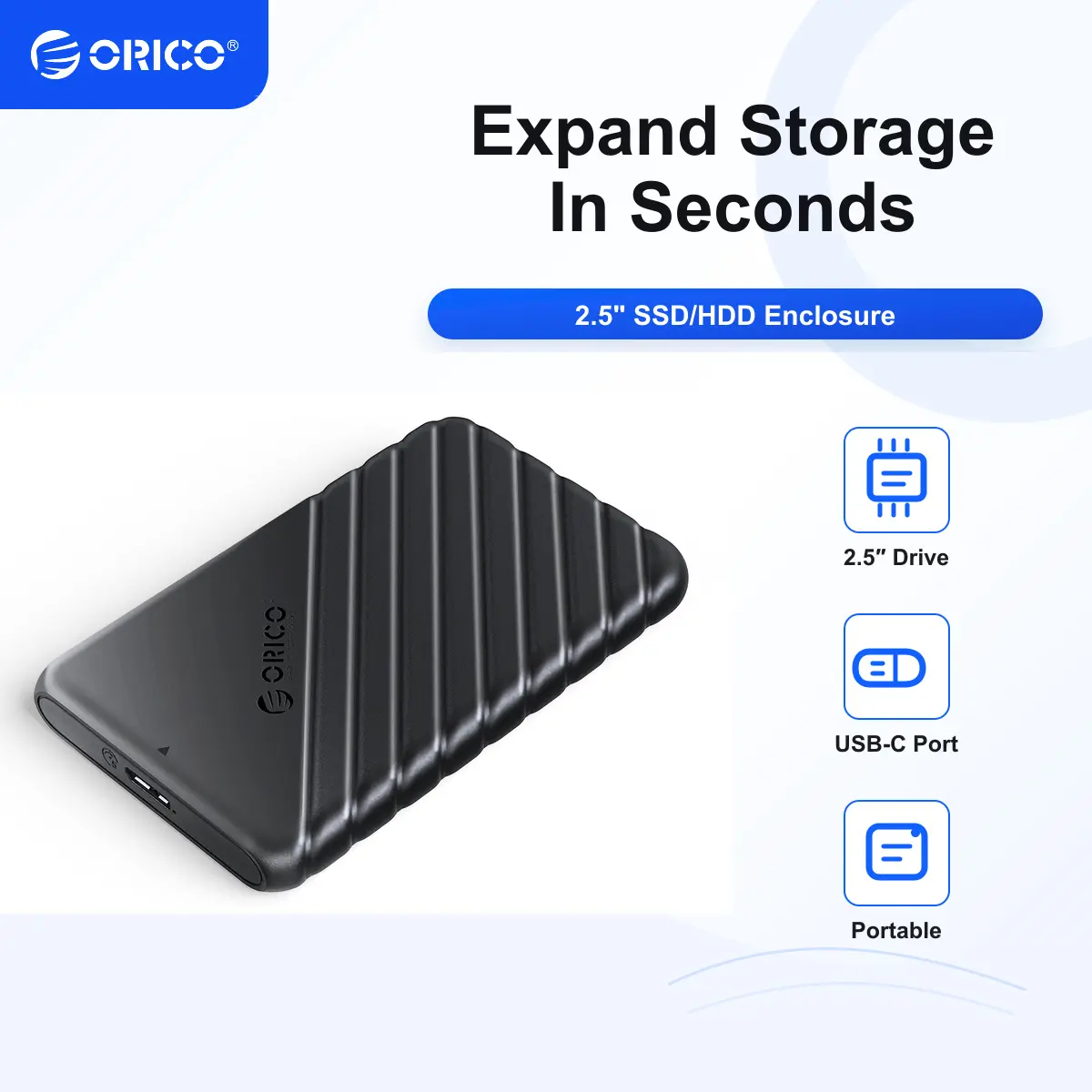 ORICO 2.5-Inch ABS Plastic Hard Disk Enclosure - USB 3.0 to SATA III, Tool-Free Installation, UASP Support, 5Gbps Transfer, Slim Profile, Multi-Device Compatible (7mm/9.5mm SATA HDD/SSD, PS5, Router, Game Consoles, XP) (25PW1-U3)