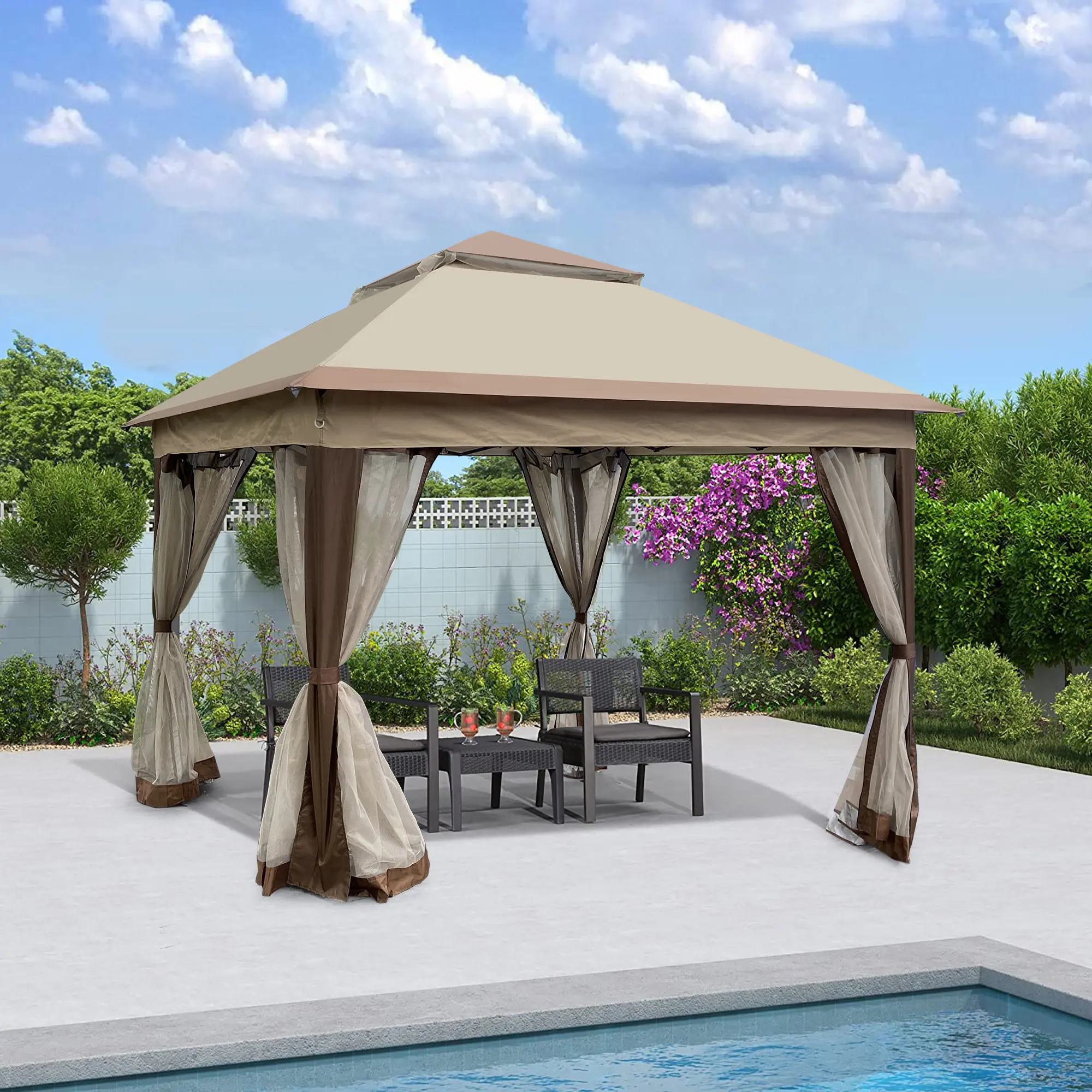 11x11 FT Outdoor Sturdy Metal Pop Up Gazebo - Steel Frame Patio Tent with Full-Sided Removable Mesh Netting, Waterproof Double Layer Polyester Soft Top, Easy Set-Up, Ample Room - Ideal for Weddings, Backyard Use