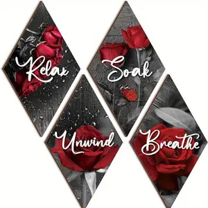 Rose & Letter  Pattern Wooden Wall Decor, 4 Counts/set Romantic Floral Wall Decor, Modern Wall Art for Home Living Room Bedroom Decor