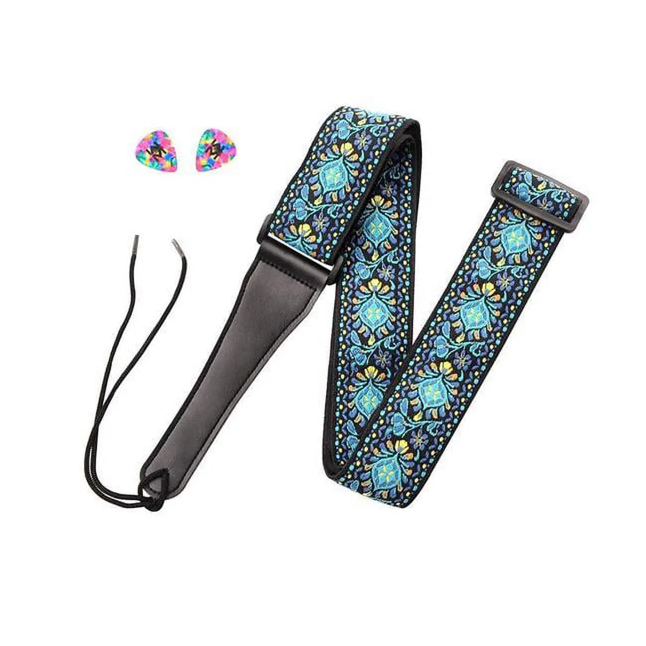 ADM SA1 Unisex Embroidered Blue Vintage Cotton-Leather Woven Guitar Strap with Built-In Pick Holder for Guitar Play