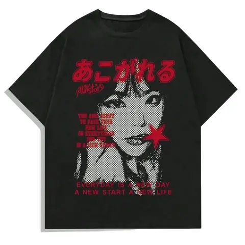 Men's Vintage Acid Wash Black Round Neck Graphic T-Shirt - Y2K Kanji Red Star Girl Portrait, Halftone Print, Baggy Loose-Fitting Cotton Short-Sleeve, Distressed Grunge Streetwear Summer Casual Top