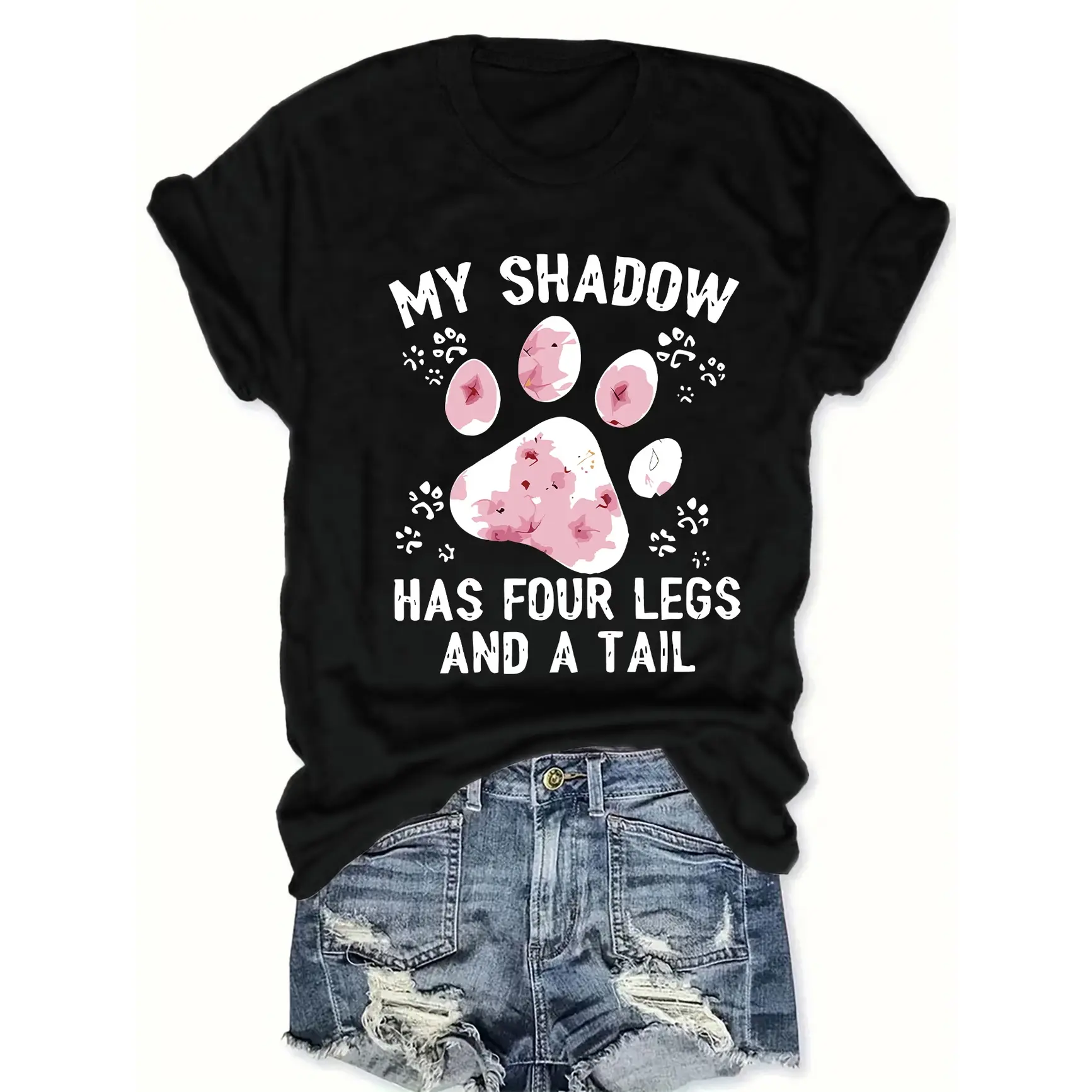My Shadow Has Four Legs And A Tail Pink Paw Print Graphic Cotton T-Shirt, Cute Fashion Comfort Outfit, Oversized Casual Tee, Perfect Valentine's Day Gift For Pet Lovers