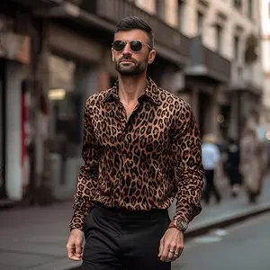 Men’s Leopard Print Shirt – 3D Printed Long Sleeve, Fashionable Casual Hawaiian Style for Holidays, Floral, Social Reserve, Menswear