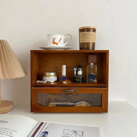 Vintage Wooden Desktop Storage Box, Multilayer Storage, 1 Count Multi-grid Desktop Storage Organizer, Makeup Organizer, Cosmetic Holder, Cosmetic Organizers, Desktop Storage Box for Cosmetics, Jewelry, Stationery, Dressing Table Storage
