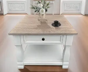 Living Room Coffee Table with Light Brown MDF Top and White Oak Drawer