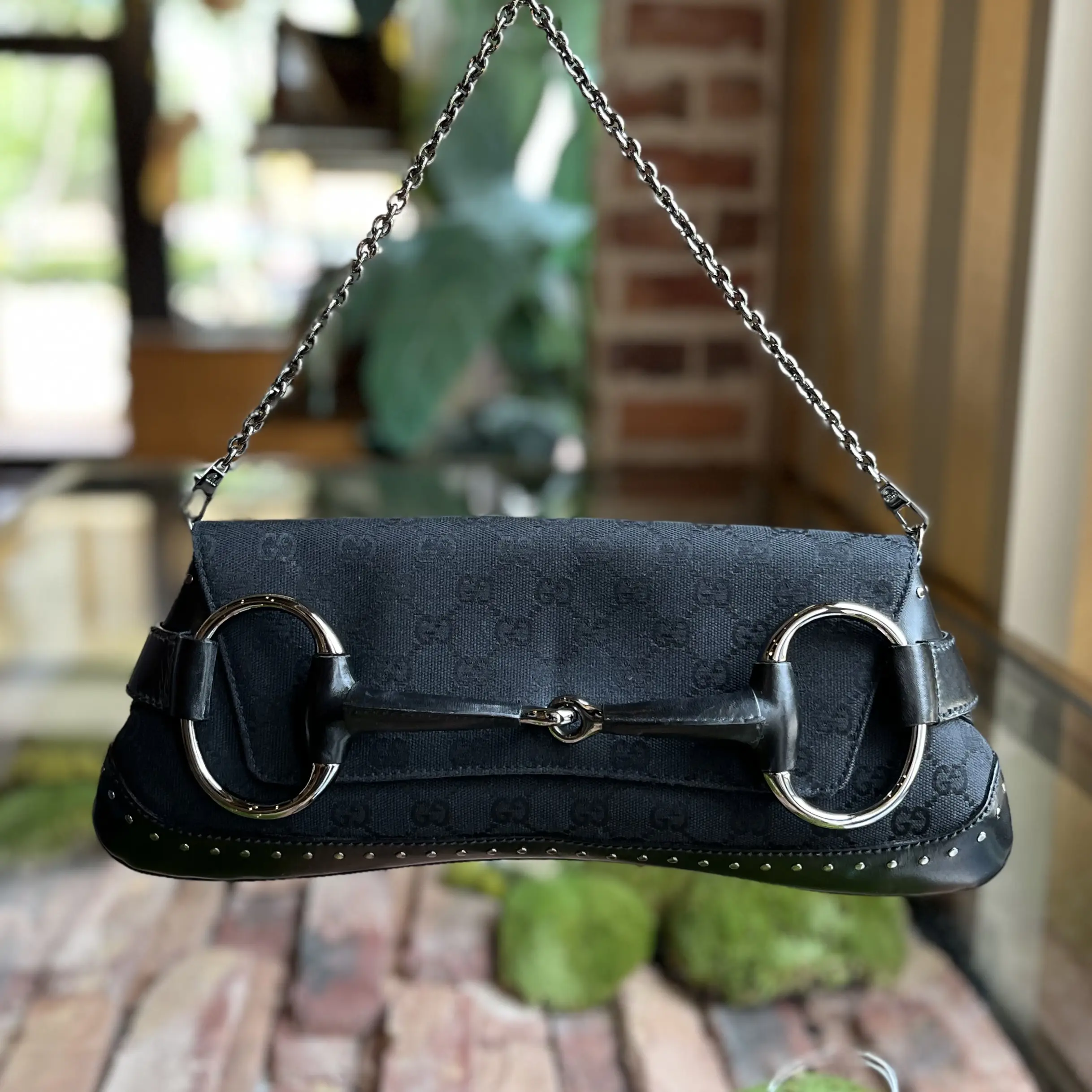 Pre-owned GUCCI Canvas Shoulder Bags Horsebit East West Pochette Black GG Monogram Shoulder Bag