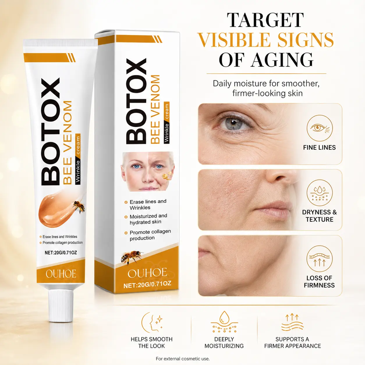 OUHOE Bee Venom Facial Care Cream, GentleSoothing Brightening and HydratingMoisturizing Radiant Skin, Smooth SoftSkincare Paste, Daily Moisture Hydrate, DailyMoisturizers, Collagen Deep Hydration, FirmAnti Aging, & Wrinkle Reduction Moisturizer