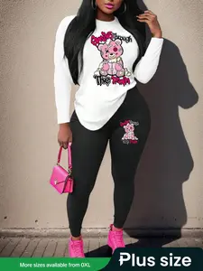 【Plus Size】 Two-Piece Set Cartoon Bear Print Tee & Skinny Pants, Casual Round Neck Long Sleeve T-shirt & Trousers for Daily Wear, Women's Two-piece Outfits for Spring & Fall, Womenswear