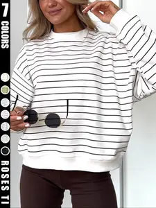 Women's single piece casual sports style striped pattern loose pullover hoodie Long Sleeve Sweatshirts Tops Womenswear