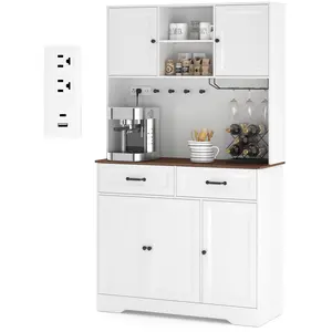 Gizoon 71" Tall Storage Cabinet with Adjustable Shelves, Freestanding Kitchen Pantry Cabinet with Wine Rack, Modern White Coffee Bar for Dining Room, Table Top-Retro