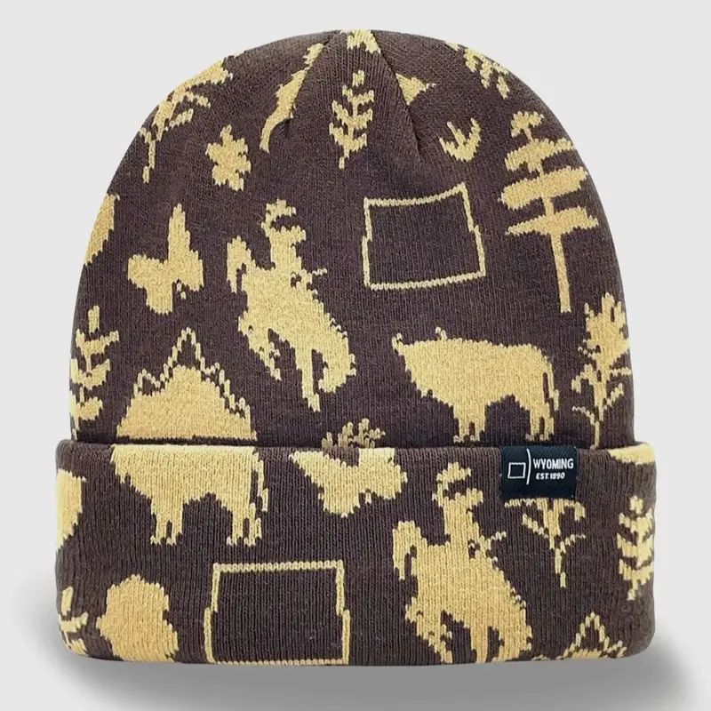 Wyoming State Western Beanie - Brown with Tan Buffalo and bronc  and Tree Patterns - Cozy Knit Hat for Winter