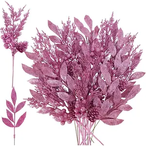 24 count Christmas Artificial Leaf Sprays Pine  Pinecone Berries Stems  Glittered Christmas Decoration Picks 12.2"- 14.2" Tall for  Christmas Tree Wreath Wedding Centerpiece Decor