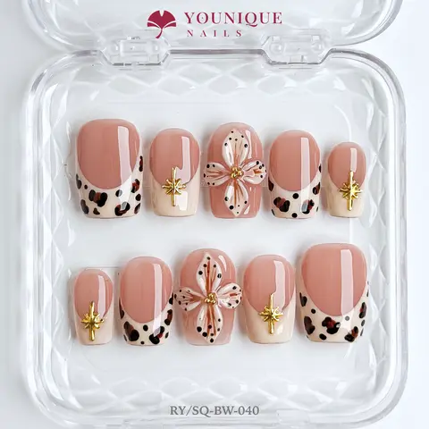 Younique Nails SOFT GIRL Handmade Reusable False Acrylic Set Kit Luxury Glossy Press-On Salon Quality Fake Press On Tip Week Wear Floral Detail Base Nude French Design Gold Different Size Light Unique Look Art Ready Ultimate Creative Gift Fashion