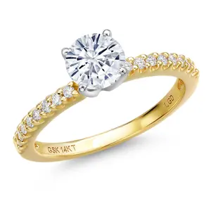Gem Stone King 14K Two Tone Gold 6MM Round Gemstone Birthstone and White Lab Grown Diamond Engagement Ring For Women | Wedding Anniversary Ring | Available in Size 5,6,7,8,9