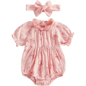 Cute Girls Children Apparel Twopumpkin Baby Girl Summer Clothes Muslin Bubble Romper Short Sleeve Ruffle Onesie Smocked Outfit 0 3 6 9 12 18 Month Cute