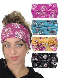 4pcs, Women's Wide Hair Tie Set, Floral Pattern Design, Spring & Summer New Collection, Daily Wear Accessory, Stylish Elastic Hair Bands, Headband Set, Elastic Headbands