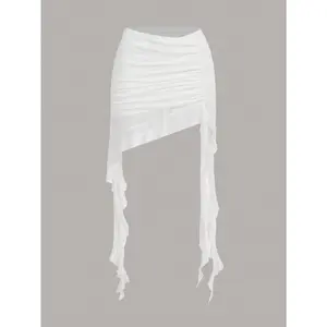 Summer White Solid Asymmetrical Ruched Ruffle Hem Skirt,Ladies Casual Asymmetrical,Ruched Mini Skinny Ultra Low Waist White Plain Women Skirts,Spring/Summer,Casual Daily Wear Fabric Fit