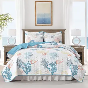 Bedding Set King Size, Reversible Summer Beach Lightweight Ocean Nautical Comforter Tropical Bedspread Coverlet with 2 Pillow Shams for All (106"x96")