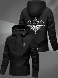 Men's Lightweight Hooded Mountain Print Jacket, Windproof Zipper Outerwear, Loose Fit with Front Pockets, Ideal for Hiking, Camping, Urban Wear