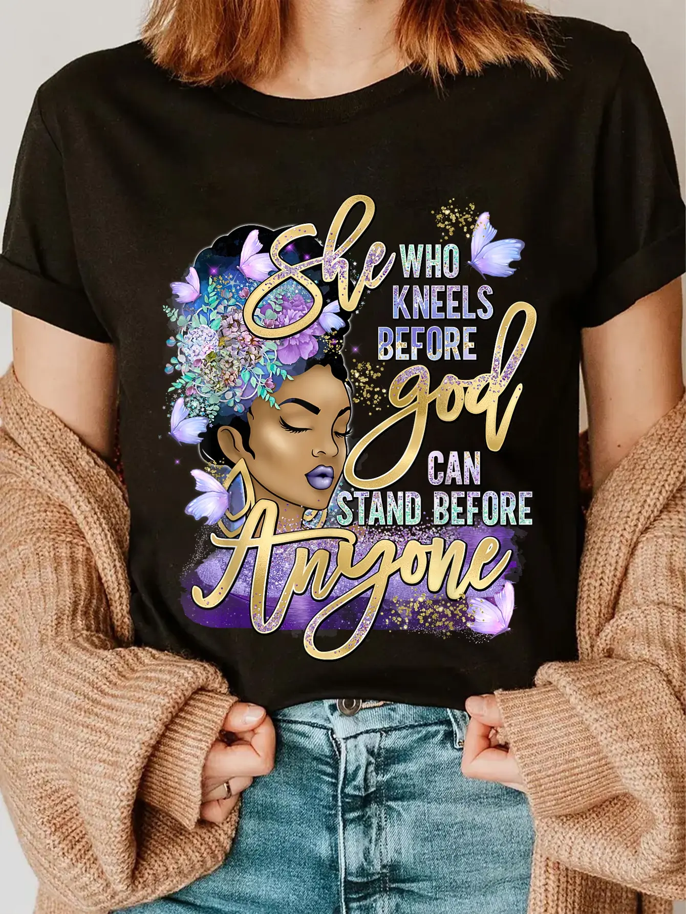 100% Cotton Christian Black Praying Sista Melanin Woman Queen Mother T-Shirt
