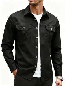 New Spring Autumn Men's Multi-Pocket Outdoor Casual Plain Shirt, Button Front Lapel Long Sleeve Top, Loose-Fitting Male Upperwear