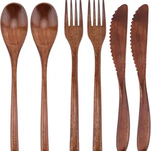 6Pcs Wooden Utensils Set | Reusable Wood Cutlery for Travel & Camping