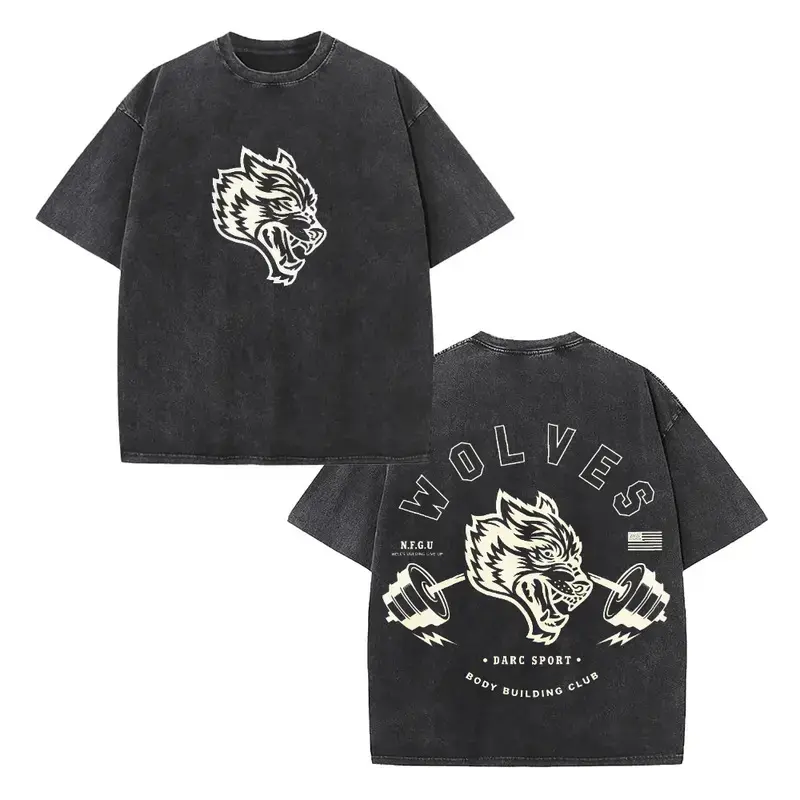Darc Sport Wolves Bodybuilding Club Vintage Washed Oversized Tee Heavyweight Cotton California Gym Apparel Loose Breathable Street Style Top for Weightlifting Workout Fitness Daily Casual Wear