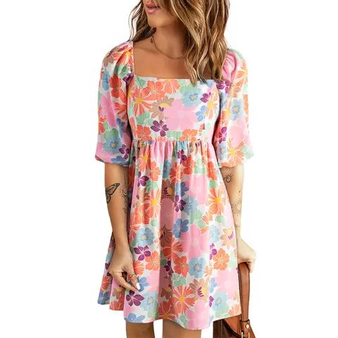 Asvivid Women's Summer Floral Square Neck Puff Sleeve Babydoll Dress Flower Spring Outfits Casual Dresses Womenswear
