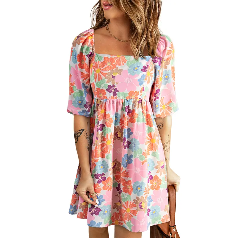 Asvivid Women's Summer Floral Square Neck Puff Sleeve Babydoll Dress Flower Spring Outfits Casual Dresses Womenswear