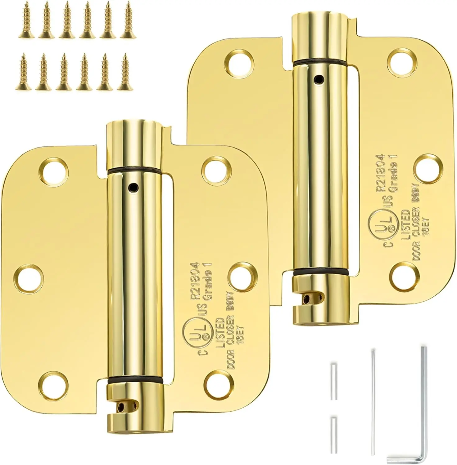 Sophia Self-Closing Door Hinge 3.5 Inch Rounded 5/8 Radius Interior, Spring Loaded Hinge Adjustable Tension for Garage Residential Standard Bedroom Indoor Doors, 2 Pack, Polished Brass, UL Listed