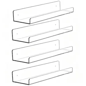 4 Pack 15 Inch Clear Acrylic Floating Shelves, Wall Mount Organizer for Makeup, Skincare, Nail Polish, Books & Perfume, Decor for Bathroom, Bedroom, Nursery & Living Room Set