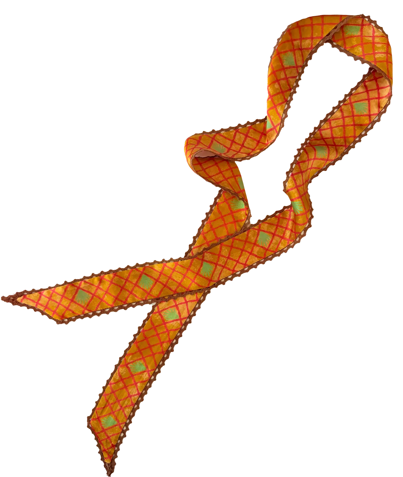Hand-Drawn Gingham Plaid Silk Twilly - 55-in Handmade-Inspired Scarf with Crochet Trim for Hair Twist, Neck, or Bag Handles, Gingham Plaid Scarves, Twilly Scarf, Skinny Accessory, Twist Out, Plaid Print