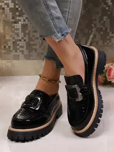 New Patent Leather Loafers, Crocodile Pattern Metal Buckle Thick Sole Platform Shoes, Versatile College Style Jk Small Boots