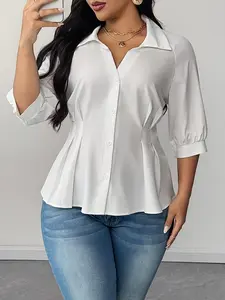 Plus Size Women's Bubble Sleeve Shirt Blouse, V Neck Single Button Waist Gathered Office Top 8391, Stylish Casual Wear
