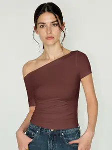 Women's Elegant Casual Solid Color Sloping Shoulder Shirred Slim Short Sleeve Top