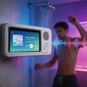 IPX7 Waterproof Shower Phone Holder with Bluetooth Speaker 360° Rotatable Touch Screen Wall Mount for Bathroom Kitchen Fits Phones Up to 7in