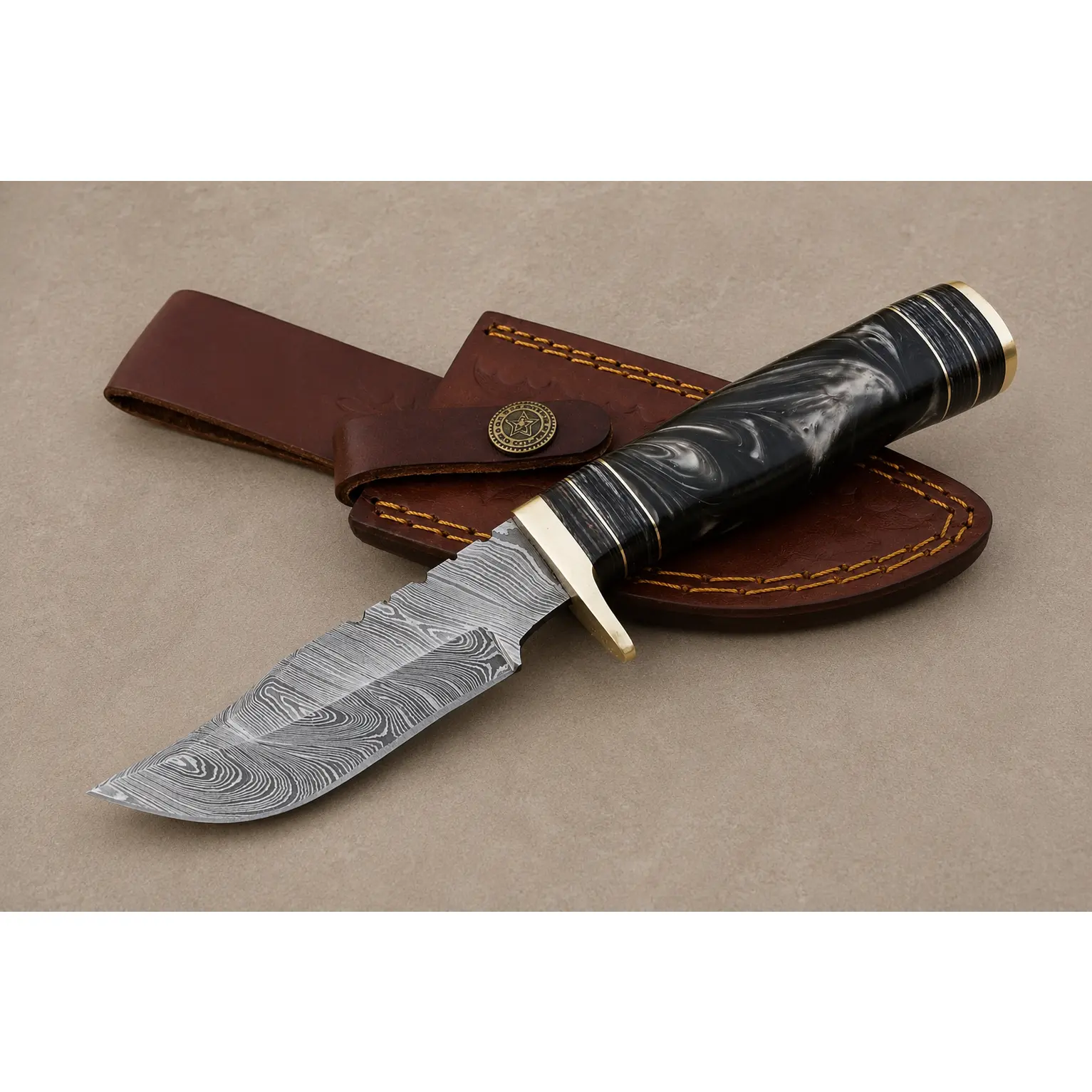 Forge Crest Damascus Steel Utility Knife – 512 Layer Hand Forged Blade with Resin Handle, Brass Guard & Leather Sheath