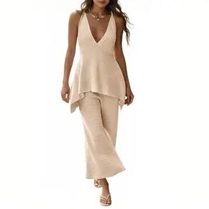 Tankaneo Womens 2 Piece Knit Sets Summer Vacation Outfits Deep V Neck Flowy Tank Tops Wide Leg Pants Sweater Matching Sets